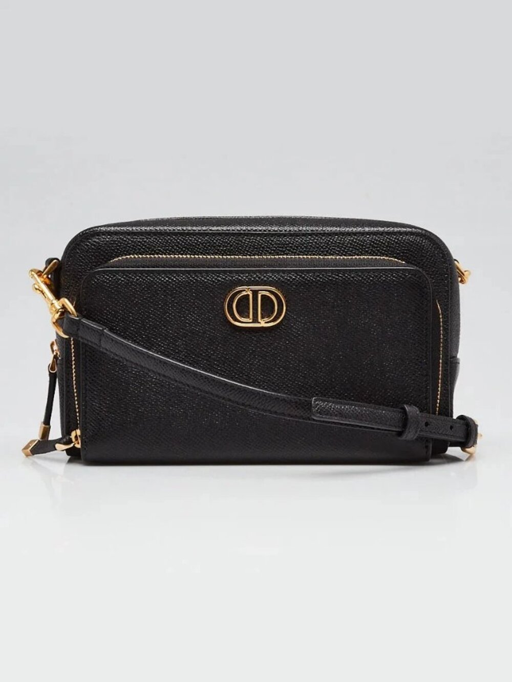 Christian Dior Black Pebbled Leather Caro Double Pouch Crossbody Bag